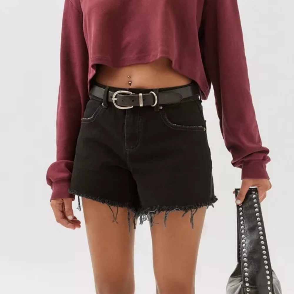 Bdg Urban Outfitters A Line Black Jean Short High Waisted Frayed Hem Size 28 New - Picture 2 of 8